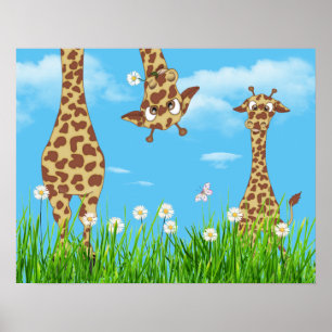 Giraffes in gras met wolken poster