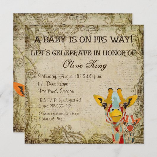 Giraffes in Shabby Baby shower Kaart (Voorkant / Achterkant)