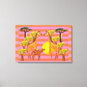 Giraffes, kameel en een vogeldoek canvas afdruk