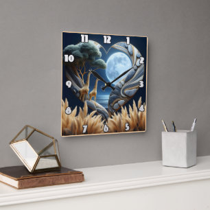 Giraffes omarmen maanverlichte kusten in de schoon vierkante klok