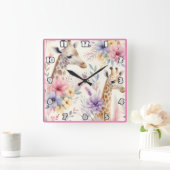 Giraffes omringd door bloeiende planten in Afrika Vierkante Klok (Huis)