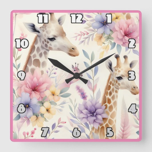 Giraffes omringd door bloeiende planten in Afrika Vierkante Klok (Voorkant)