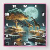 Giraffes onder een gloeiende maan in Afrika Vierkante Klok (Voorkant)