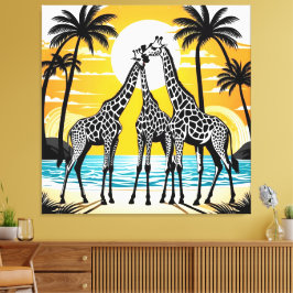 Giraffes op het strand canvas afdruk