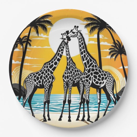Giraffes op het strand papieren bordje (Voorkant)