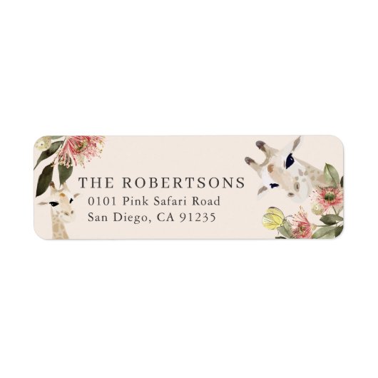 Giraffes Roze Floral Adres van de Terugkeer van de Etiket (Voorkant)