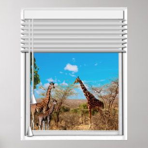Giraffes venster Uitzicht fake Poster