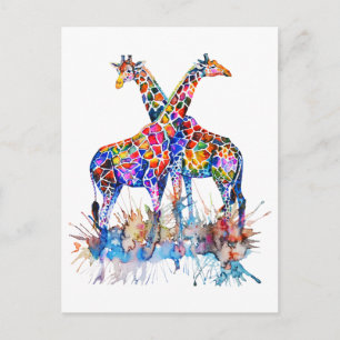Giraffes voor kleurrijke regenboogWaterverf Briefkaart