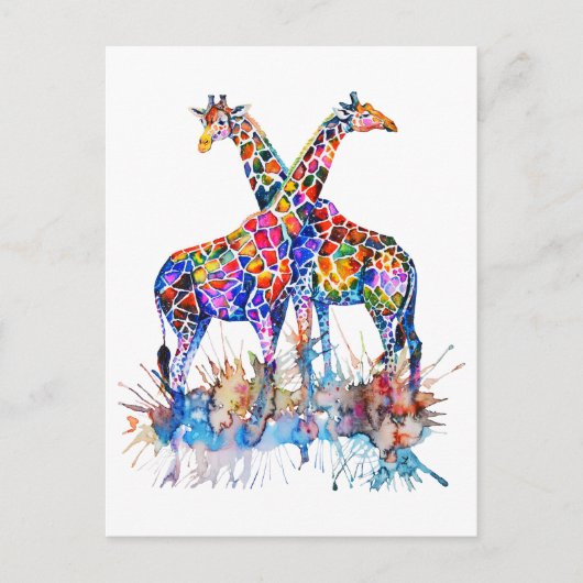 Giraffes voor kleurrijke regenboogWaterverf Briefkaart (Voorkant)