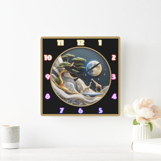 Giraffes wandelen onder het maanlicht van Afrika Vierkante Klok (Huis)