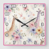 Giraffes zwerven door felle Afrikaanse bloemen Vierkante Klok (Voorkant)