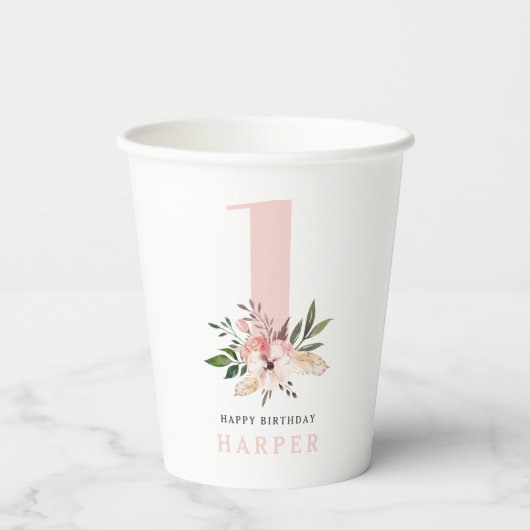 girale roze eerste verjaardag papieren bekers (Achterkant)