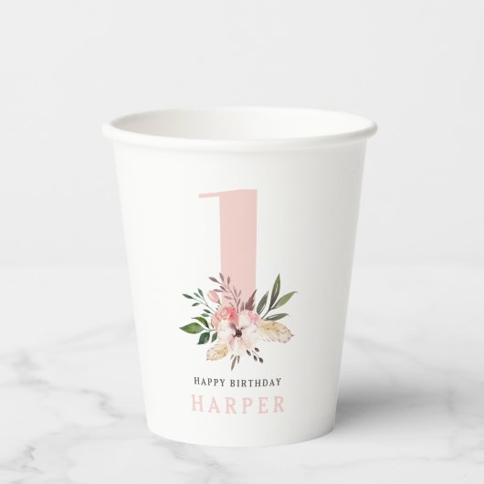 girale roze eerste verjaardag papieren bekers (Voorkant)