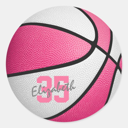 girale roze witte basketbal ronde sticker (Voorkant)