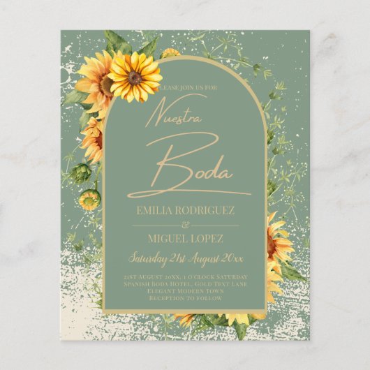 Girasoles Bilingües Boda Rústica en Verde Salvia Flyer (Voorkant)