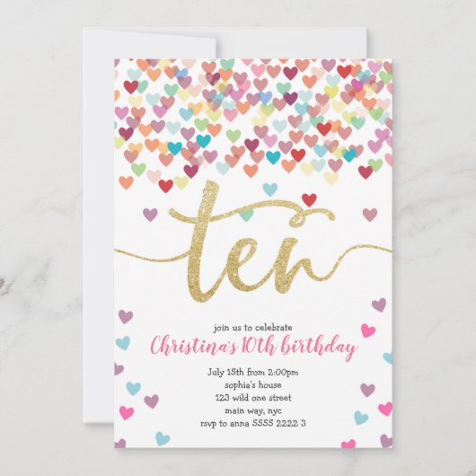 Girl 10th Birthday Hearts Confetti Rainbow Glitter Kaart (Voorkant)