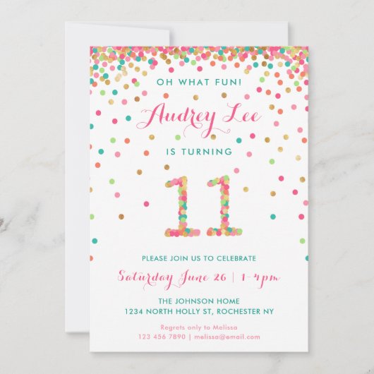 Girl 11th Birthday Invitation elfde verjaardag Kaart (Voorkant)