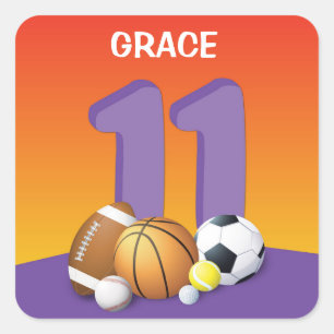 Girl 11th Birthday Sports Balls Vierkante Sticker