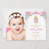 Girl 1e verjaardag roze goudcake foto kaart (Voorkant)