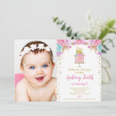 Girl 1e verjaardag roze goudcake foto kaart (Staand voorkant)