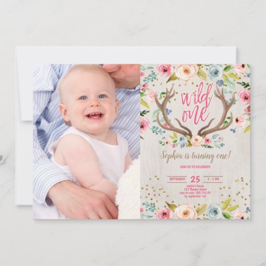 Girl 1st Birthday Antlers Rustic Wild One Foto Kaart (Voorkant)