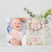 Girl 1st Birthday Antlers Rustic Wild One Foto Kaart (Staand voorkant)