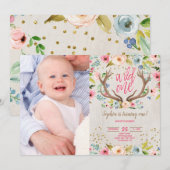 Girl 1st Birthday Antlers Rustic Wild One Foto Kaart (Voorkant / Achterkant)