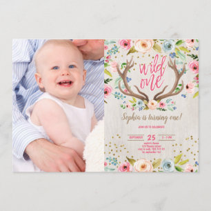 Girl 1st Birthday Antlers Rustic Wild One Foto Kaart