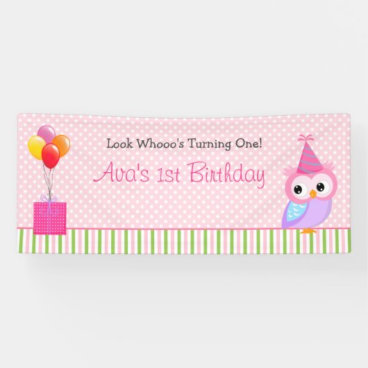 Girl 1st Birthday Backdrop Banner (Owl roze groen) (Horizontaal)
