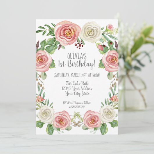 Girl 1st Birthday Blush Pink White Rose Floral Kaart (Staand voorkant)