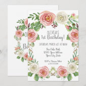 Girl 1st Birthday Blush Pink White Rose Floral Kaart (Voorkant / Achterkant)