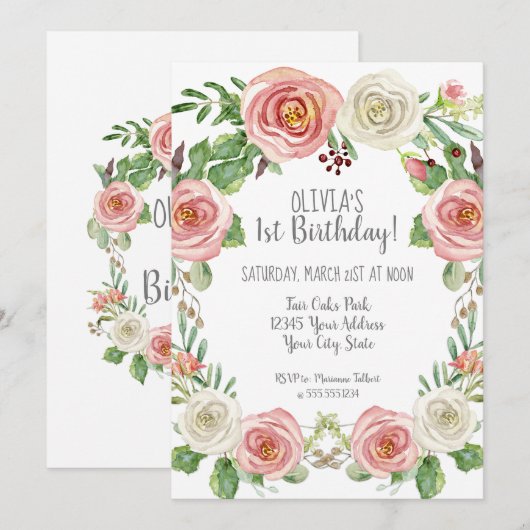 Girl 1st Birthday Blush Pink White Rose Floral Kaart (Voorkant / Achterkant)