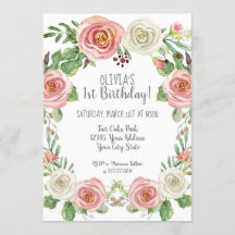 Girl 1st Birthday Blush Pink White Rose Floral