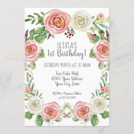 Girl 1st Birthday Blush Pink White Rose Floral Kaart