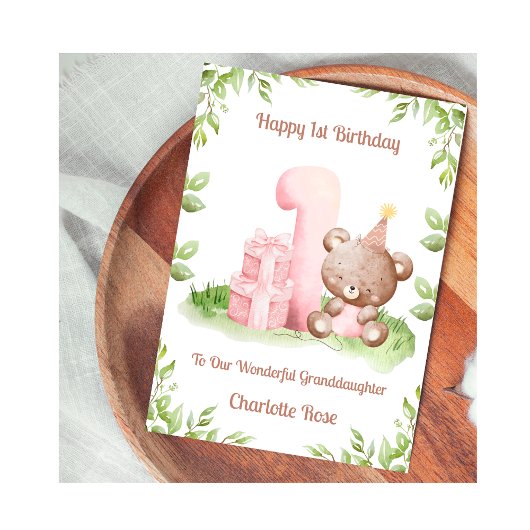 Girl 1st Birthday Greenery Teddy Bear Card Kaart