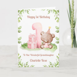 Girl 1st Birthday Greenery Teddy Bear Card Kaart
