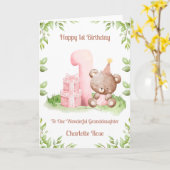 Girl 1st Birthday Greenery Teddy Bear Card Kaart (Gele Bloem)
