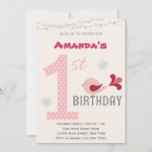 Girl 1st Birthday Party Invitation Bird Pink Kaart (Voorkant)
