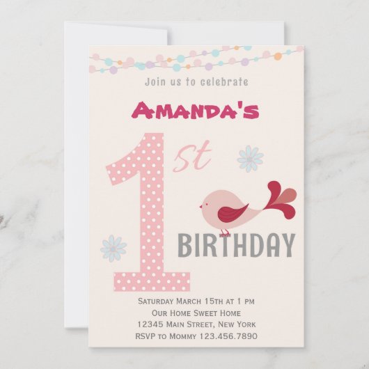 Girl 1st Birthday Party Invitation Bird Pink Kaart (Voorkant)