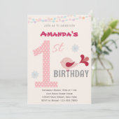 Girl 1st Birthday Party Invitation Bird Pink Kaart (Staand voorkant)