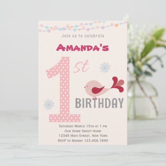 Girl 1st Birthday Party Invitation Bird Pink Kaart (Staand voorkant)