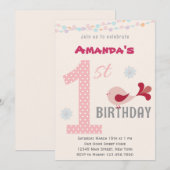 Girl 1st Birthday Party Invitation Bird Pink Kaart (Voorkant / Achterkant)
