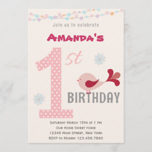 Girl 1st Birthday Party Invitation Bird Pink Kaart