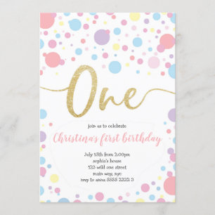Girl 1st Birthday Pastel Rainbow Stippen Confetti Kaart