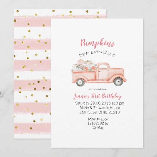 Girl 1st Birthday Pink Pumpkin Birthday Kaart (Voorkant / Achterkant)