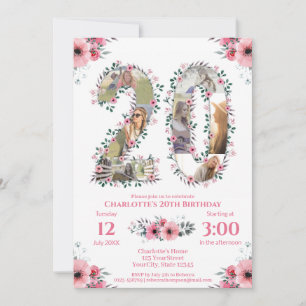 Girl 20th Birthday Foto Collage Pink Flower White Kaart
