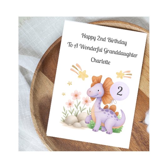 Girl 2nd Birthday Purple Dinosaur Card Kaart