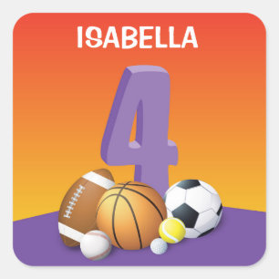 Girl 4th Birthday Sports Balls Vierkante Sticker