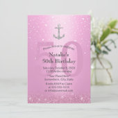 Girl 50th Birthday Party Pink & Silver Anchor Kaart (Staand voorkant)