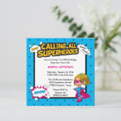 Girl 5x5 Comic Superheld Birthday Party Invitation Kaart (Staand voorkant)